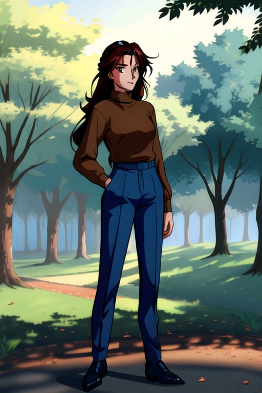 Jun Fudo,  a 175CM tall woman with long dark brown hair and brown eyes,  stands in a park. She has a slim and glamorous bo...