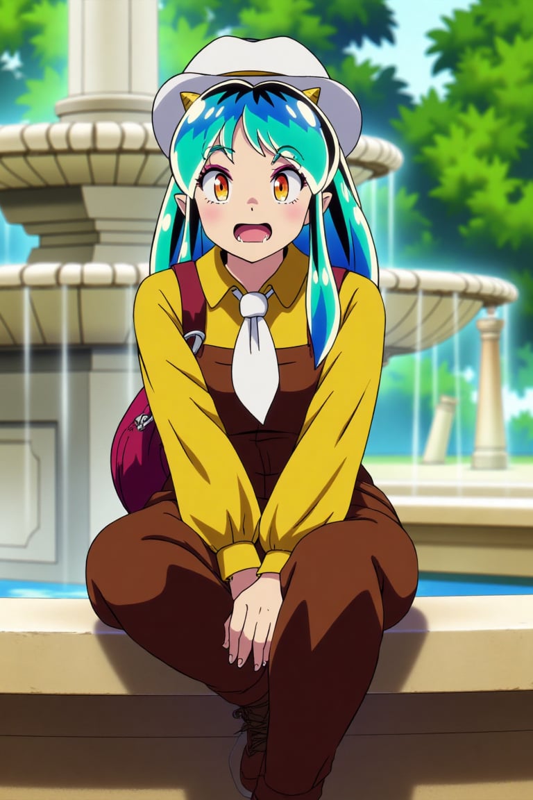 A Lum invader sits on a fountain in a park,  her beautiful body clad in a white cowboy hat,  brown overalls by psicovicita...