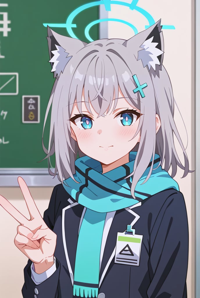 shiroko_\(blue_archive\),1girl, solo, animal_ear_fluff, looking_at_viewer, blue_scarf, v, blush, halo, upper_body, mismatched_pupils, white_shirt, long_sleeves, school_uniform, cross_hair_ornament, blazer, open_jacket, holding_sign, black_jacket, gorgeous,key visual, vibrant, studio anime,award-winning, professional, highly detailed,high budget, cinemascope,flushing,blush,happy,mouth_open