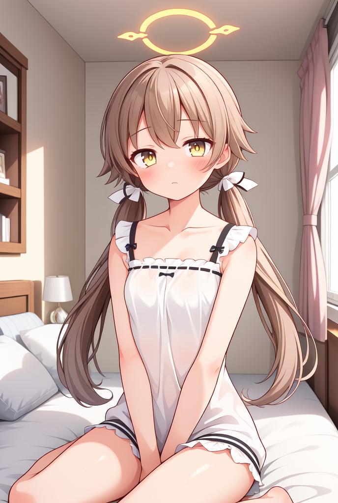 1girl, solo, (masterpiece, best quality), indoors, bedroom, blush, thighs, hifumi, yellow eyes, light brown hair, bangs, long hair, low twintails, tied, hair ribbon, halo, standing, sleepwear, arms between legs, small breasts, expressionless, sitting