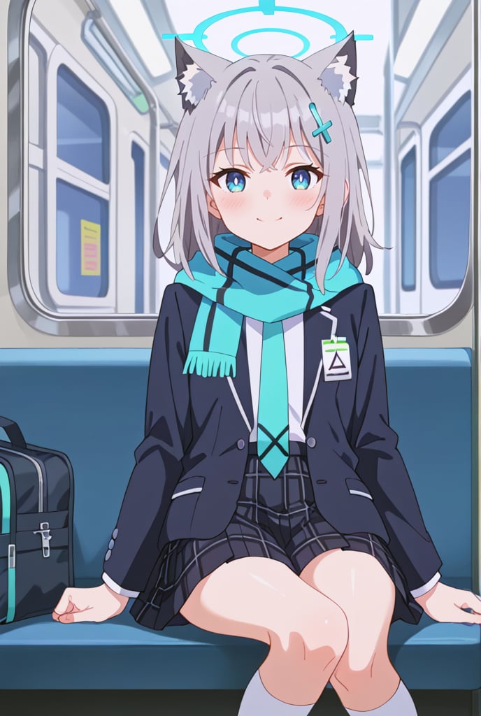 shiroko_\(blue_archive\),1girl, solo, green_gloves, white_shirt, train_interior, looking_at_viewer, hair_ornament, blue_scarf, mismatched_pupils, blue_jacket, open_jacket, sitting, animal_ear_fluff, pleated_skirt, halo, long_sleeves, school_bag, plaid_skirt, school_uniform, white_socks, black_skirt, single_glove, blue_necktie, blazer, gorgeous,key visual, vibrant, studio anime,award-winning, professional, highly detailed,high budget, cinemascope
,blush,happy,blush,happy,blush,happy,blush,happy,close_mouth