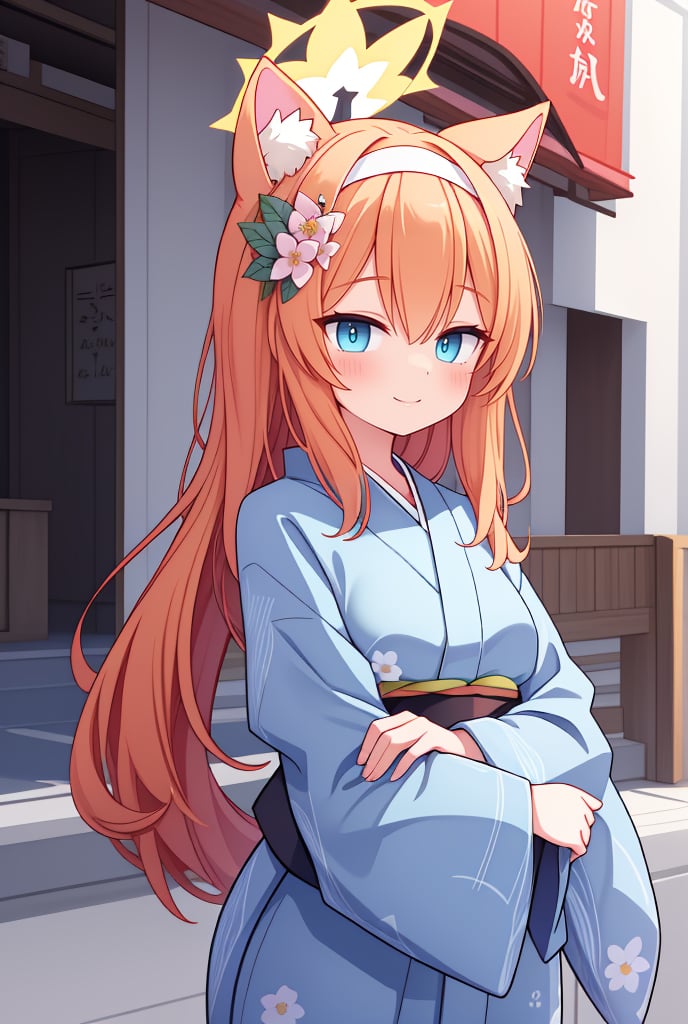 best quality, masterpiece, highres, solo, {yukata:1.40}, {kimono:1.20}, {mari_bluearchive:1.15}, long_hair, orange_hair, flower, blue_eyes, halo, bangs, blush, animal_ears, hair_ornament, animal_ear_fluff, hair_flower, smile, hairband, white_hairband, hair_between_eyes