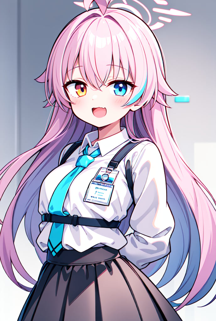 1girl, hoshino, halo, shirt, necktie, skirt, fingerless gloves, id card,(waving:1.1), :3, :d, close-up, white background, arms behind back, amber-half-eye, blue-half-eye, pink hair, heavy-lidded eyes