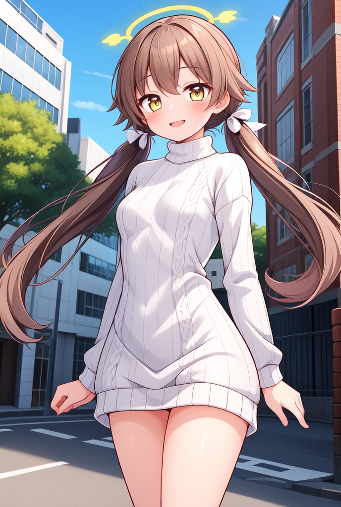 1girl, solo, (masterpiece, best quality), outdoors, city, blush, thighs, hifumi, yellow eyes, light brown hair, bangs, long hair, low twintails, tied, hair ribbon, halo, standing, small breasts, expressionless, ribbed swetaer, turtleneck, sweater dress, smile