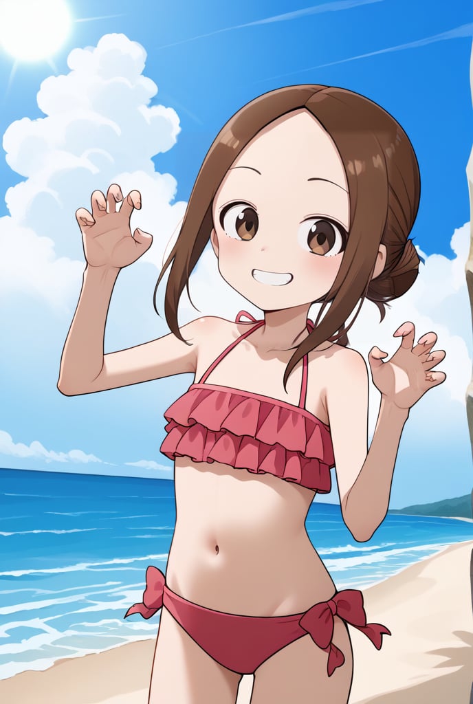 1girl,source_anime, aatakagi, solo, brown hair single hair bun, parted bangs, frilled bikini, pink bikini, hands up, claw pose, smile, beach, sky, collarbone