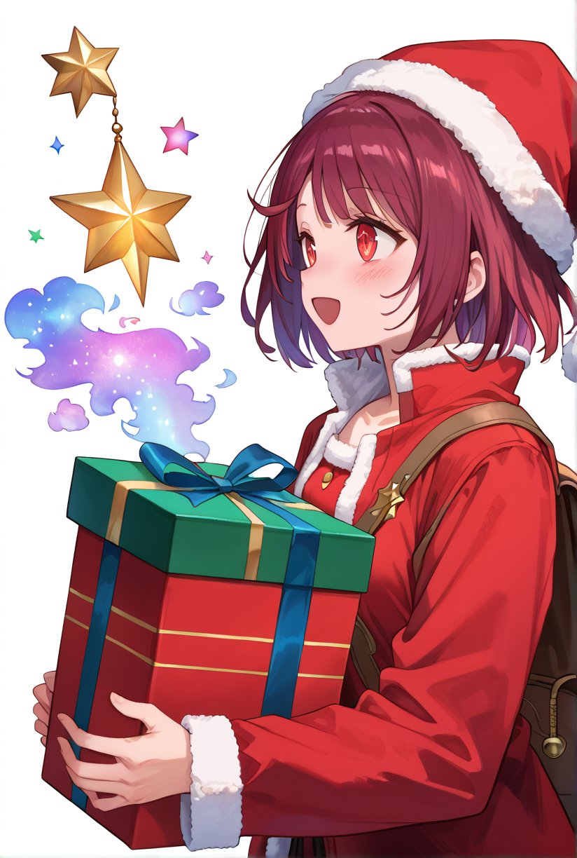 score_9, 1girl, sophieatelier, ((masterpiece, best quality)), (hyper detailed, detailed background), expressive eyes, perfect face, red santa outfit, holding red santa gift bag, simple background, white background, colorful light effects, glowing stars, festive atmosphere, magical sparkles, happy expression, short hair, blush, view from down, upper body, steam