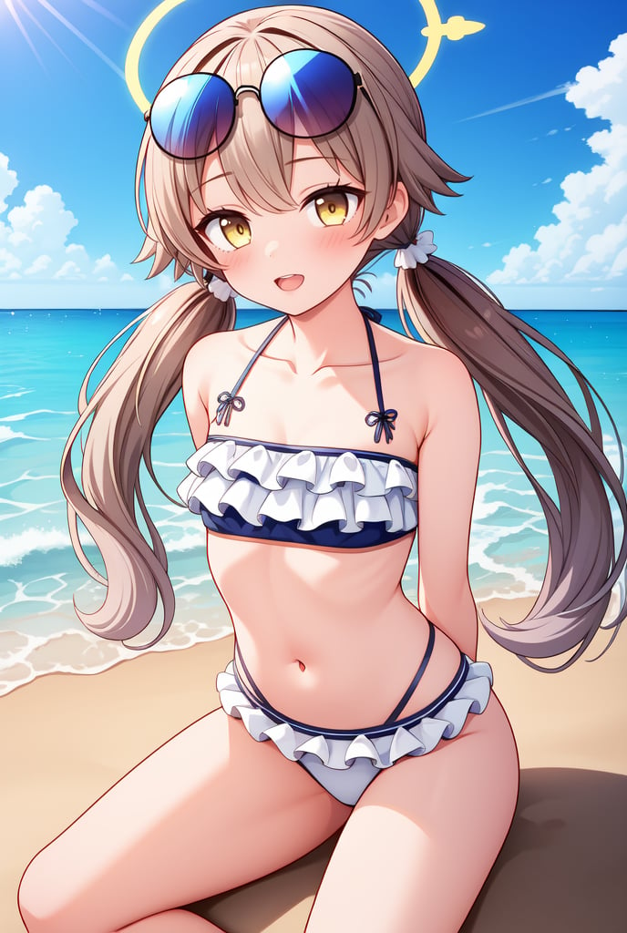 Hifumi(Swimsuit), sky, beach, swimsuit, looking at viewer, frilled bikini, day, bikini, cloud, outdoors, blue sky, twintails, long hair, light brown hair, eyewear on head, collarbone, solo, cowboy shot, frills, arms behind back, low twintails, ocean, sunglasses, white bikini, navel, yellow eyes, 1girl, halo, sitting