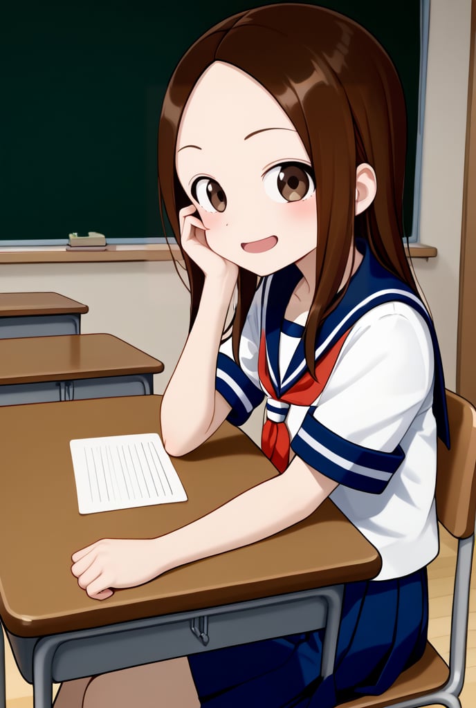 1girl, source_anime, aatakagi, solo, long hair, brown hair, parted bangs, collarbone, serafuku, sailor collar, red neckerchief, white shirt, short sleeves, pleated skirt, blue skirt, classroom, sitting, on chair, from side, looking at viewer, hand on own face, desk, smile, elbow on table,flushing, happy, open mouth

