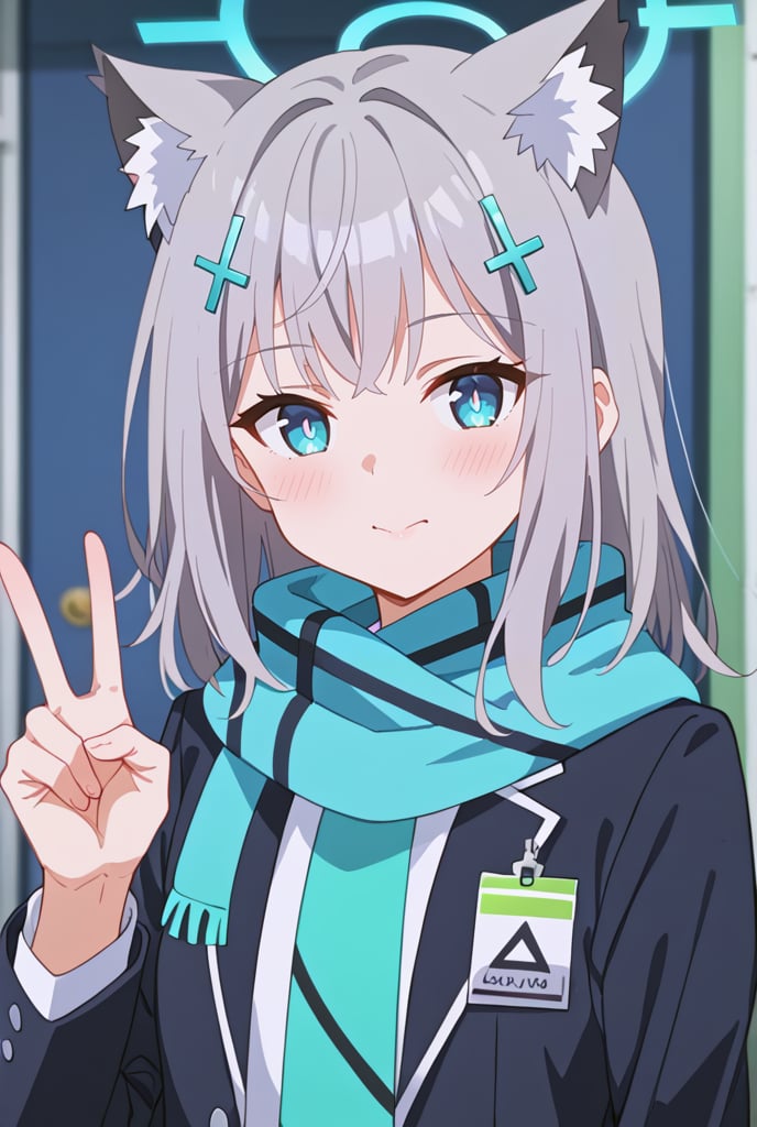 shiroko_\(blue_archive\),1girl, solo, animal_ear_fluff, looking_at_viewer, blue_scarf, v, blush, halo, upper_body, mismatched_pupils, white_shirt, long_sleeves, school_uniform, cross_hair_ornament, blazer, open_jacket, holding_sign, black_jacket, gorgeous,key visual, vibrant, studio anime,award-winning, professional, highly detailed,high budget, cinemascope,flushing,blush,happy,mouth_open