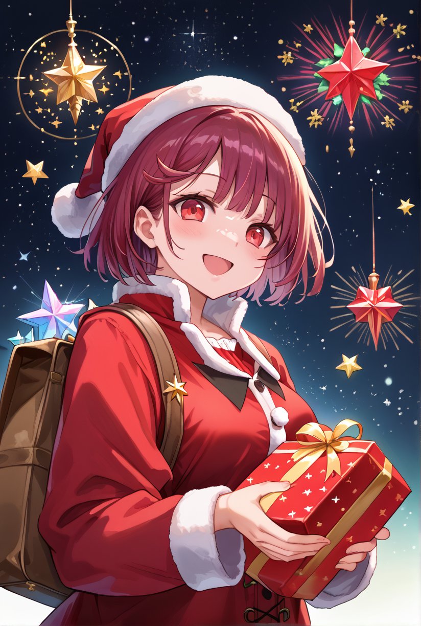 score_9, 1girl, sophieatelier, ((masterpiece, best quality)), (hyper detailed, detailed background), expressive eyes, perfect face, red santa outfit, holding red santa gift bag, simple background, white background, colorful light effects, glowing stars, festive atmosphere, magical sparkles, happy expression, short hair, blush, view from down, upper body