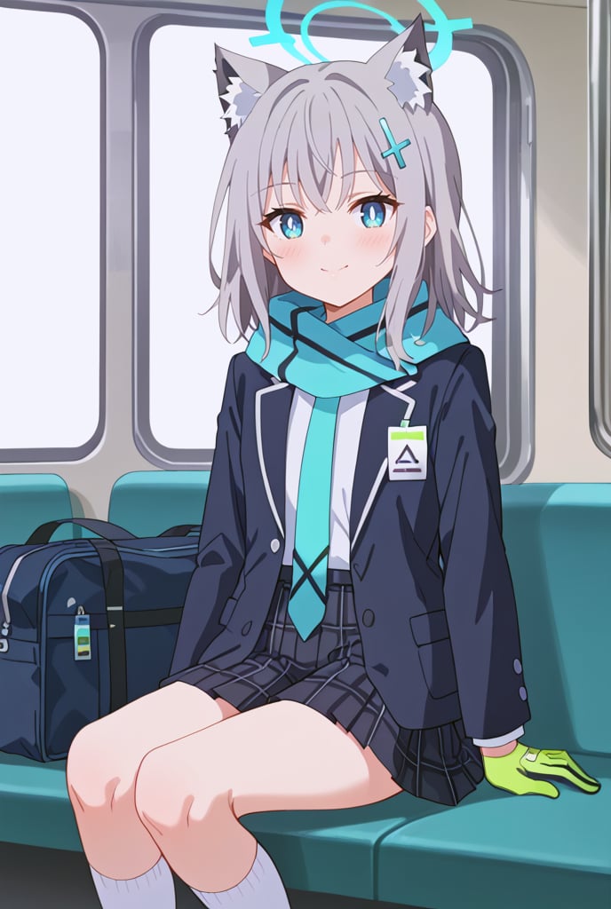 shiroko_\(blue_archive\),1girl, solo, green_gloves, white_shirt, train_interior, looking_at_viewer, hair_ornament, blue_scarf, mismatched_pupils, blue_jacket, open_jacket, sitting, animal_ear_fluff, pleated_skirt, halo, long_sleeves, school_bag, plaid_skirt, school_uniform, white_socks, black_skirt, single_glove, blue_necktie, blazer, gorgeous,key visual, vibrant, studio anime,award-winning, professional, highly detailed,high budget, cinemascope
,blush,happy,blush,happy,blush,happy,blush,happy,close_mouth