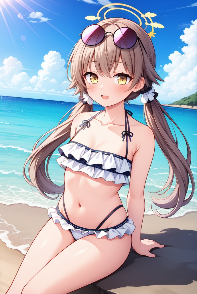 Hifumi(Swimsuit), sky, beach, swimsuit, looking at viewer, frilled bikini, day, bikini, cloud, outdoors, blue sky, twintails, long hair, light brown hair, eyewear on head, collarbone, solo, cowboy shot, frills, arms behind back, low twintails, ocean, sunglasses, white bikini, navel, yellow eyes, 1girl, halo, sitting