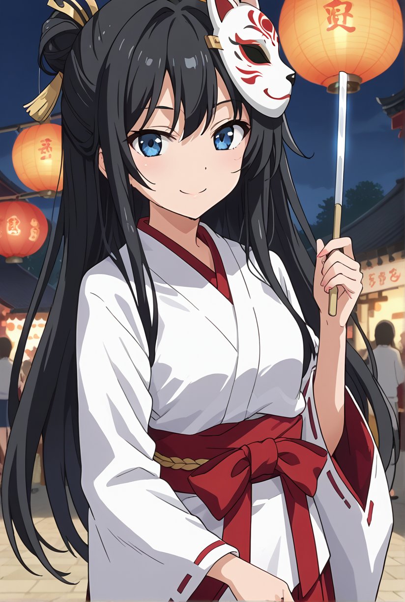 score_9, source_anime, anime screencap, anime coloring, BREAK1girl, solo, shiyukino, long hair, black hair, blue eyes, traditional miko attire, wearing a festival mask on her head, standing at a festival stall, glowing lanterns in the background, a slight smile on her face, holding a festival snack in one hand, beautiful_female_fingers, white haori and red hakama, serene festival atmosphere, (close up face:1.4)
