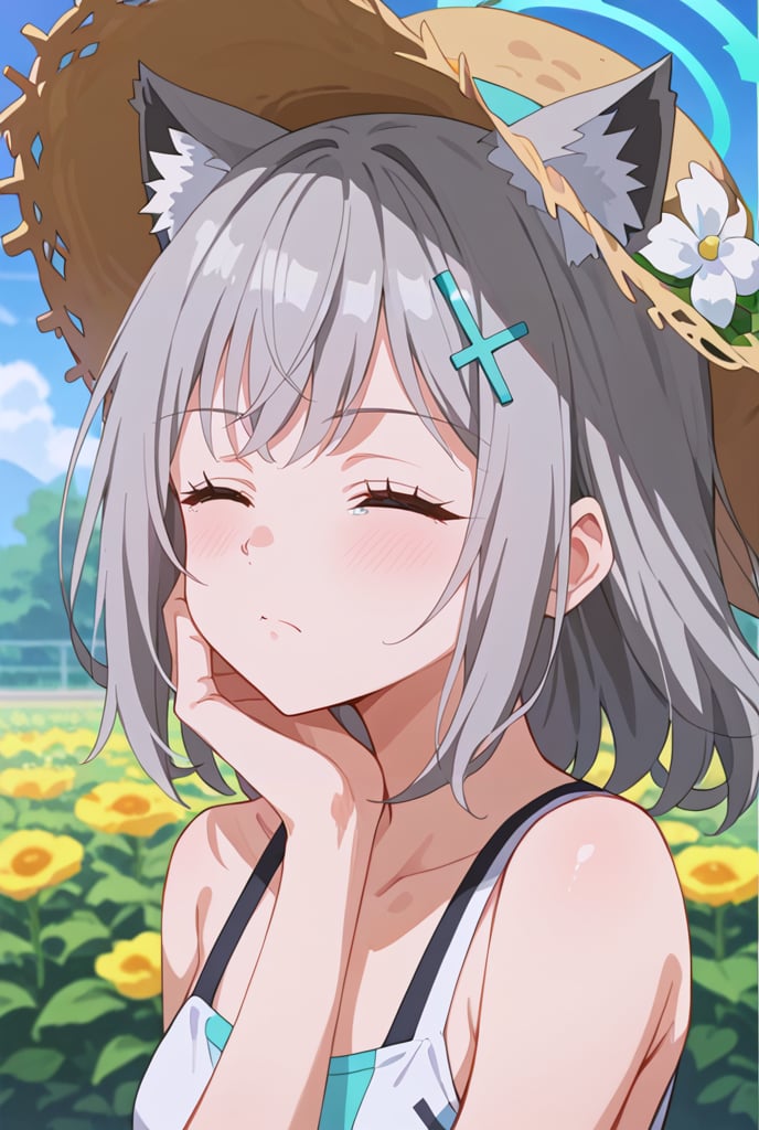 score_9, 1girl, solo, sun flower garden, shiroko-default, shiroko \(blue archive\), closed eyes, grey hair, hairclip, animal ears, halo, white one piece, straw hat, cowboy shot, bright background, flushing, shy, close up face, one hand behind head