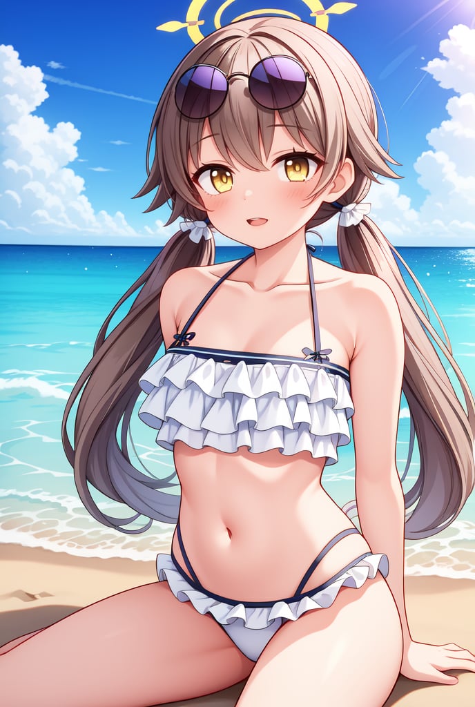 Hifumi(Swimsuit), sky, beach, swimsuit, looking at viewer, frilled bikini, day, bikini, cloud, outdoors, blue sky, twintails, long hair, light brown hair, eyewear on head, collarbone, solo, cowboy shot, frills, arms behind back, low twintails, ocean, sunglasses, white bikini, navel, yellow eyes, 1girl, halo, sitting