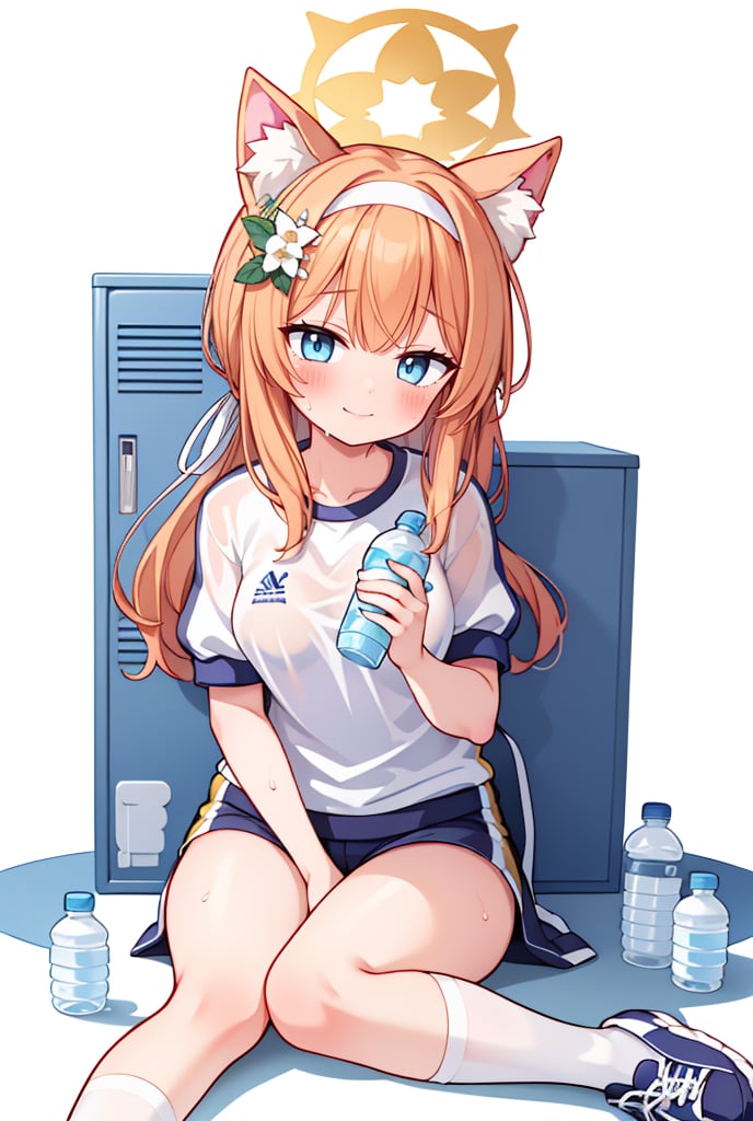 ((masterpiece,best quality)),((white background)),mariTrack, 1girl, mari (blue archive), solo, animal ears, halo, bottle, flower, official alternate costume, hair ornament, hair flower, orange hair, long hair, jacket, gym uniform, water bottle, looking at viewer, blue eyes, hairband, blush, sitting, animal ear fluff, white hairband, holding, sweat, holding bottle, locker, shirt, bangs, white shirt, track jacket, socks, short sleeves, white socks, shorts, buruma,smile, blush, lean forward, (see through), sweat,
