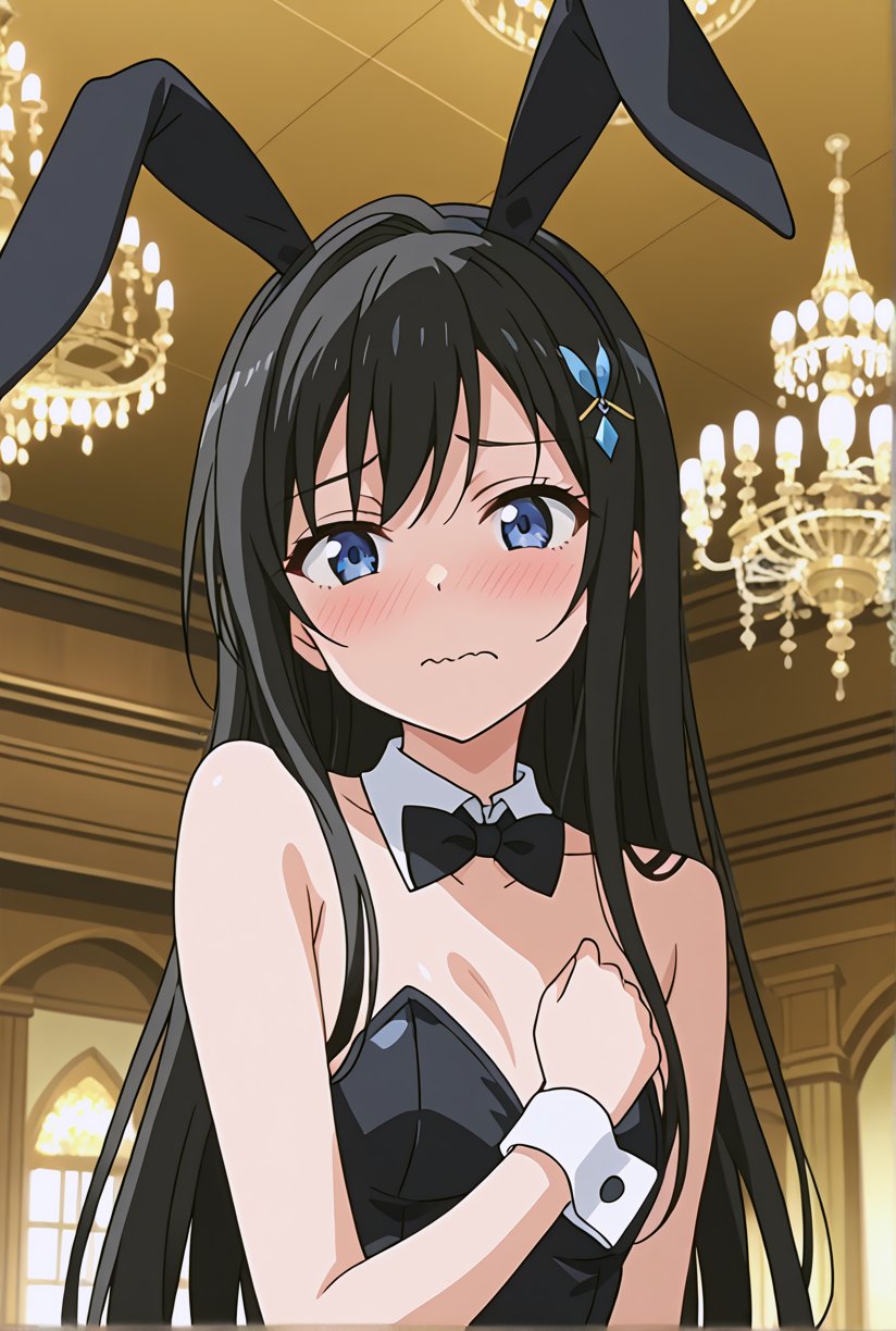 score_9, source_anime, anime screencap, 1girl, solo, shiyukino, long hair, black hair, blue eyes, hair ornament, rabbit ears, black leotard, playboy bunny, blush, looking at viewer, shy, wavy mouth, scenery, indoors, chandelier, (close up face:1.4)