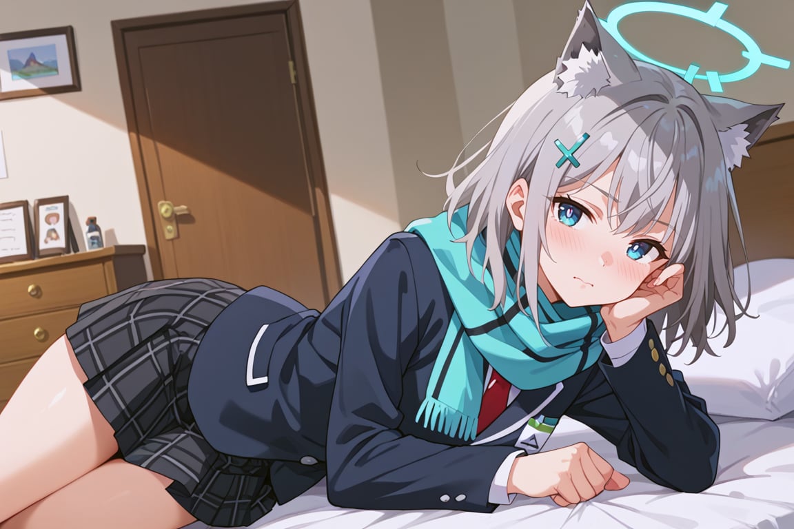 score_9, score_8_up, score_7_up, source_anime, shiroko sunaookami, animal ears, blue eyes, grey hair, hair ornament, hairpin, halo, medium hair, wolf ears,, checkered clothes, checkered skirt, school uniform, skirt, scarf,, indoors, bed, bed room, on side, blush, drunk, looking at viewer, solo, cowboy shot, dutch angle,beautiful_female_fingers