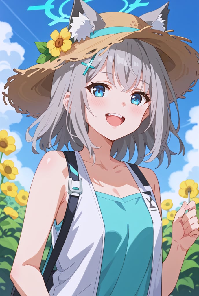 score_9, 1girl, solo, sun flower garden, shiroko-default, shiroko \(blue archive\), blue eyes, grey hair, hairclip, animal ears, halo, white onepiece, straw hat, cowboy shot, bright background, flushing,blush,happy,mouth_open, blue sky