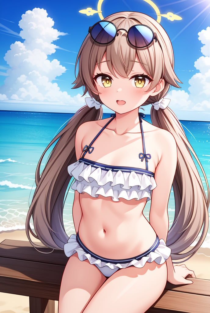 Hifumi(Swimsuit), sky, beach, swimsuit, looking at viewer, frilled bikini, day, bikini, cloud, outdoors, blue sky, twintails, long hair, light brown hair, eyewear on head, collarbone, solo, cowboy shot, frills, arms behind back, low twintails, ocean, sunglasses, white bikini, navel, yellow eyes, 1girl, halo, sitting