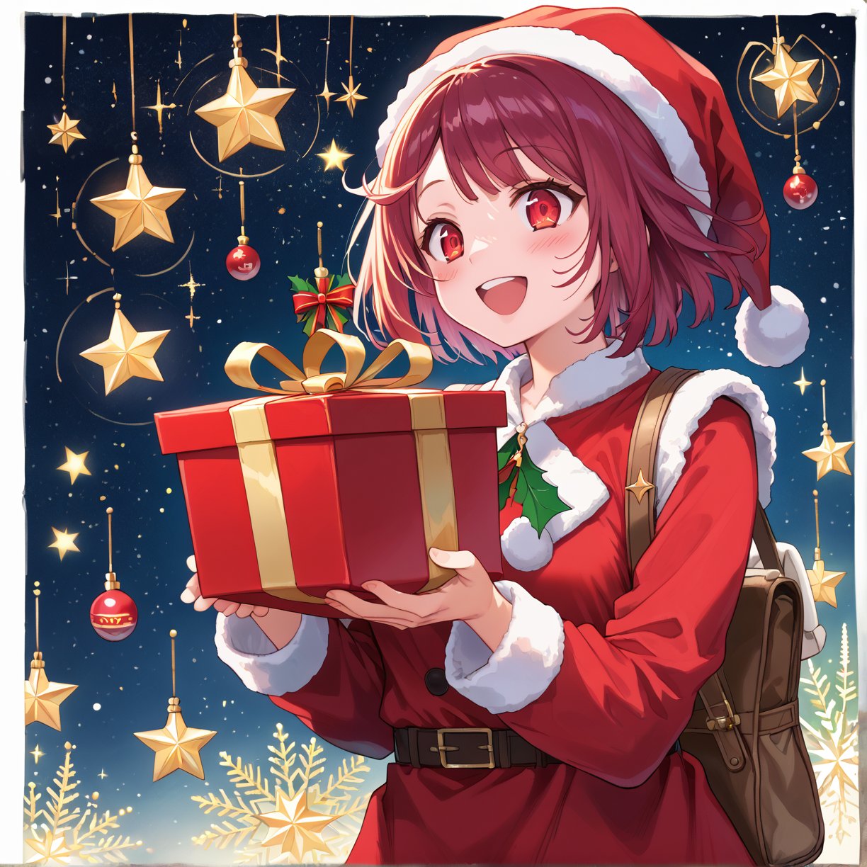 score_9, 1girl, sophieatelier, ((masterpiece, best quality)), (hyper detailed, detailed background), expressive eyes, perfect face, red santa outfit, holding red santa gift bag, simple background, white background, colorful light effects, glowing stars, festive atmosphere, magical sparkles, happy expression, short hair, blush, view from down, upper body