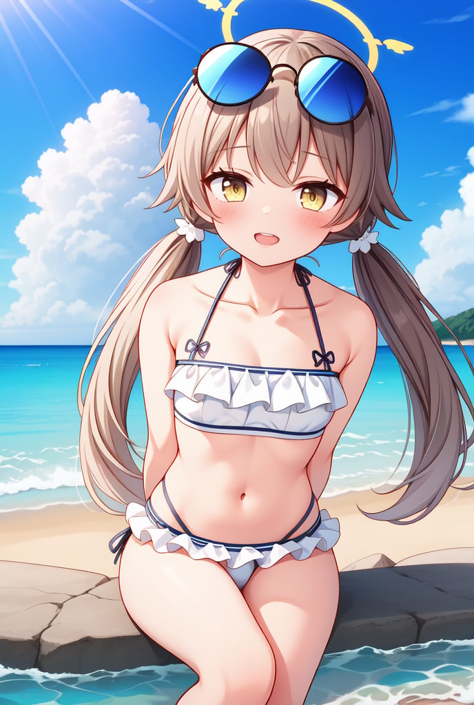 Hifumi(Swimsuit), sky, beach, swimsuit, looking at viewer, frilled bikini, day, bikini, cloud, outdoors, blue sky, twintails, long hair, light brown hair, eyewear on head, collarbone, solo, cowboy shot, frills, arms behind back, low twintails, ocean, sunglasses, white bikini, navel, yellow eyes, 1girl, halo, sitting