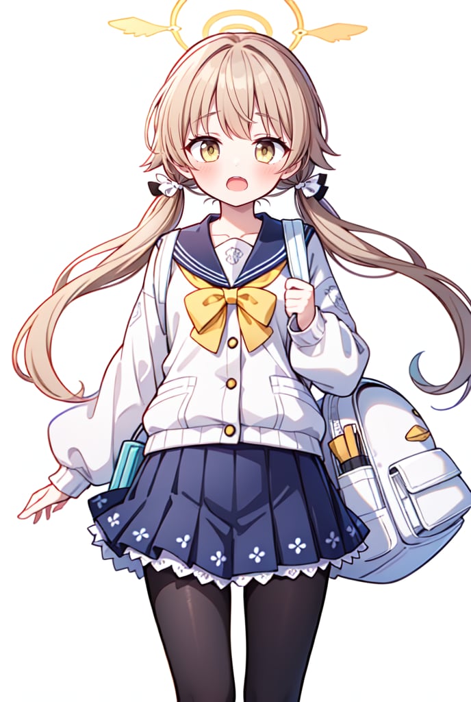 ((masterpiece,best quality)),(illustration),1girl, hifumi (blue archive), solo, halo, twintails, bag, blush, pantyhose, simple background, school uniform, backpack, open mouth, low twintails, black pantyhose, skirt, looking at viewer, long hair, light brown hair, sailor collar, brown hair, yellow eyes, long sleeves, collarbone, white background, holding strap, brown eyes, blue skirt
