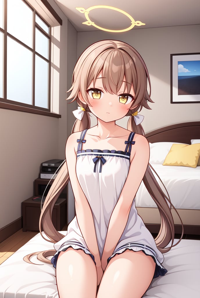 1girl, solo, (masterpiece, best quality), indoors, bedroom, blush, thighs, hifumi, yellow eyes, light brown hair, bangs, long hair, low twintails, tied, hair ribbon, halo, standing, sleepwear, arms between legs, small breasts, expressionless, sitting