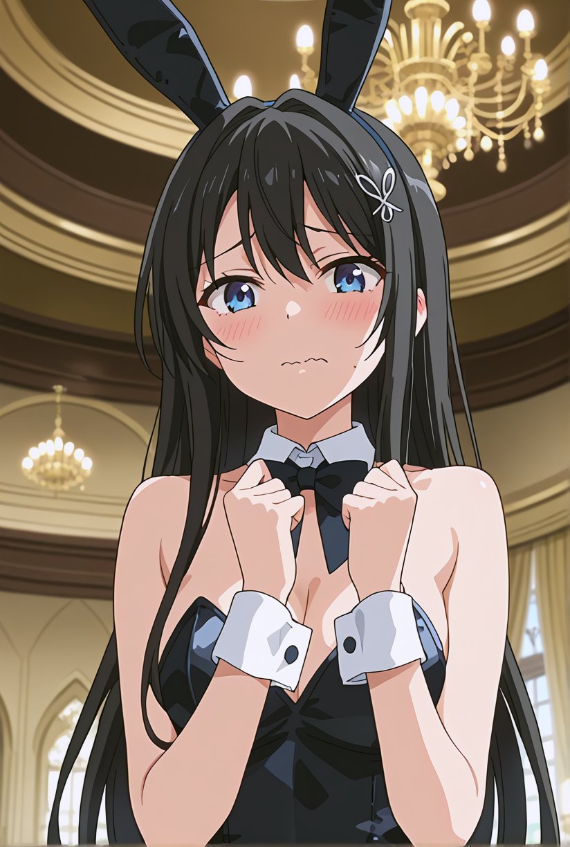 score_9, source_anime, anime screencap, 1girl, solo, shiyukino, long hair, black hair, blue eyes, hair ornament, rabbit ears, black leotard, playboy bunny, blush, looking at viewer, shy, wavy mouth, scenery, indoors, chandelier, (close up face:1.4),beautiful_female_fingers