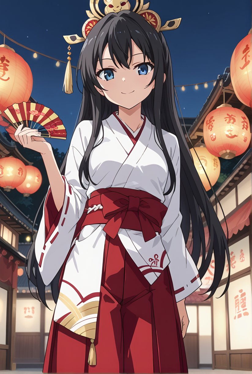 score_9, source_anime, anime screencap, anime coloring, BREAK1girl, solo, shiyukino, long hair, black hair, blue eyes, traditional miko attire, wearing a festival mask on her head, standing at a festival stall, glowing lanterns in the background, a slight smile on her face, holding a festival snack in one hand, beautiful_female_fingers, white haori and red hakama, serene festival atmosphere, (close up face:1.4)
