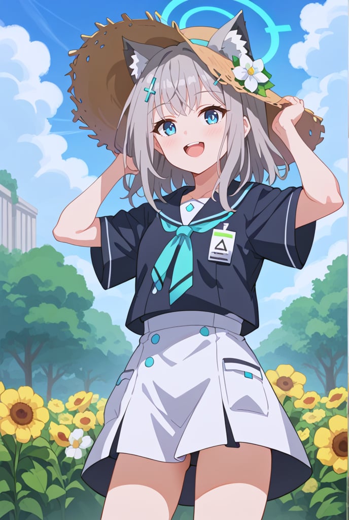 score_9, 1girl, solo, sun flower garden, shiroko-default, shiroko \(blue archive\), blue eyes, grey hair, hairclip, animal ears, halo, white onepiece, straw hat, cowboy shot, bright background, flushing,blush,happy,mouth_open, 