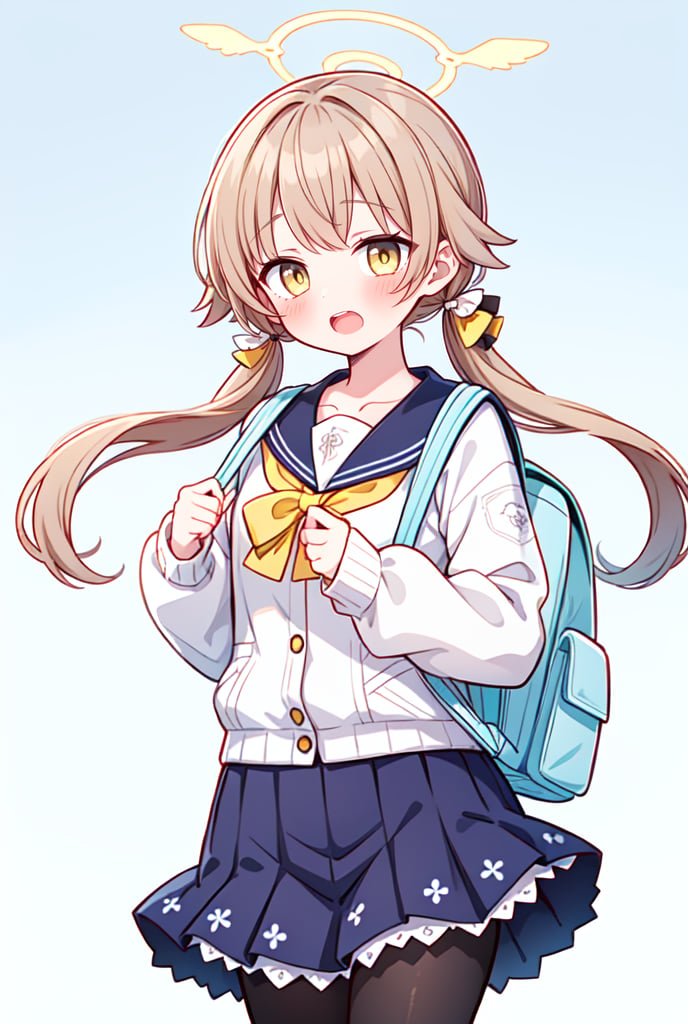 ((masterpiece,best quality)),(illustration),1girl, hifumi (blue archive), solo, halo, twintails, bag, blush, pantyhose, simple background, school uniform, backpack, open mouth, low twintails, black pantyhose, skirt, looking at viewer, long hair, light brown hair, sailor collar, brown hair, yellow eyes, long sleeves, collarbone, white background, holding strap, brown eyes, blue skirt
