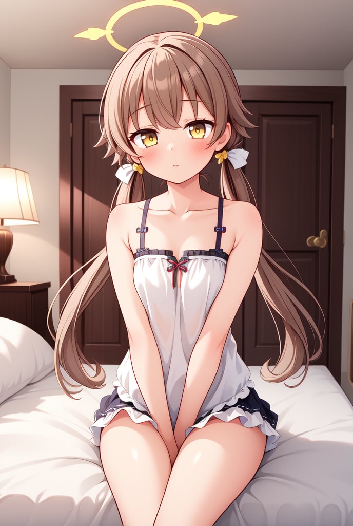 1girl, solo, (masterpiece, best quality), indoors, bedroom, blush, thighs, hifumi, yellow eyes, light brown hair, bangs, long hair, low twintails, tied, hair ribbon, halo, standing, sleepwear, arms between legs, small breasts, expressionless, sitting