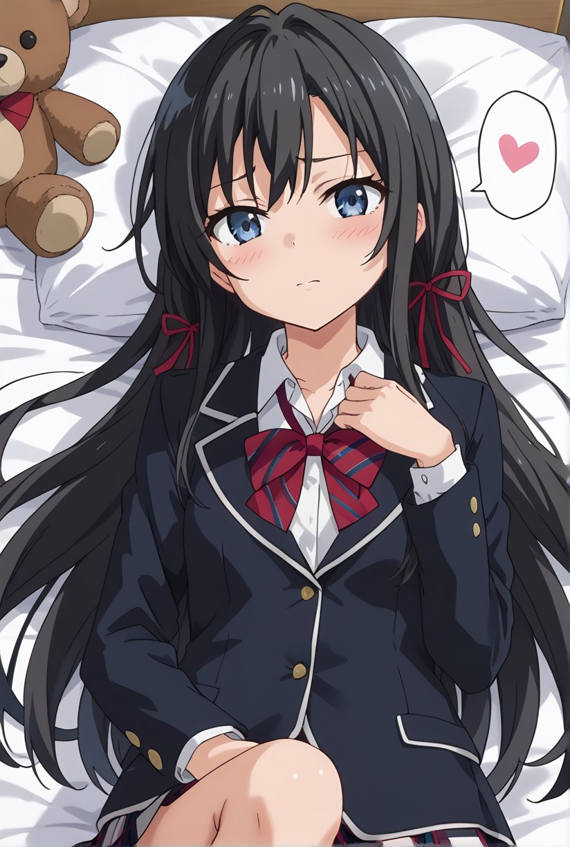 score_9, source_anime, anime screencap, anime coloring, 1girl, solo, shiyukino, long hair, black hair, blue eyes, ribbon, school uniform, hair ribbon, black jacket, plaid skirt, blazer, sobu high school uniform, (lying bed:1.4), hand resting on chest, legs slightly bent, blush, shy expression, teddy bear, relaxed atmosphere.,beautiful_female_fingers, spoken heart,