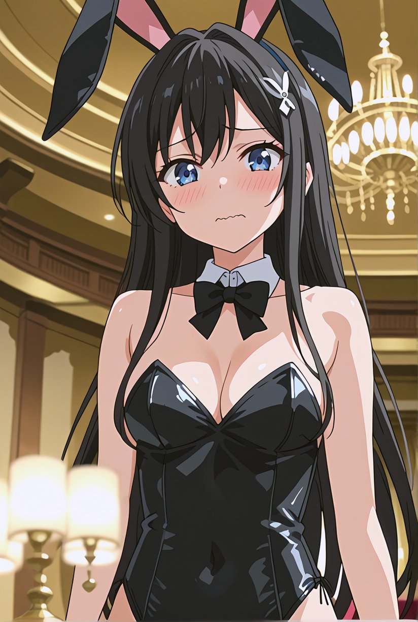 score_9, source_anime, anime screencap, 1girl, solo, shiyukino, long hair, black hair, blue eyes, hair ornament, rabbit ears, black leotard, playboy bunny, blush, looking at viewer, shy, wavy mouth, scenery, indoors, chandelier, (close up face:1.4)