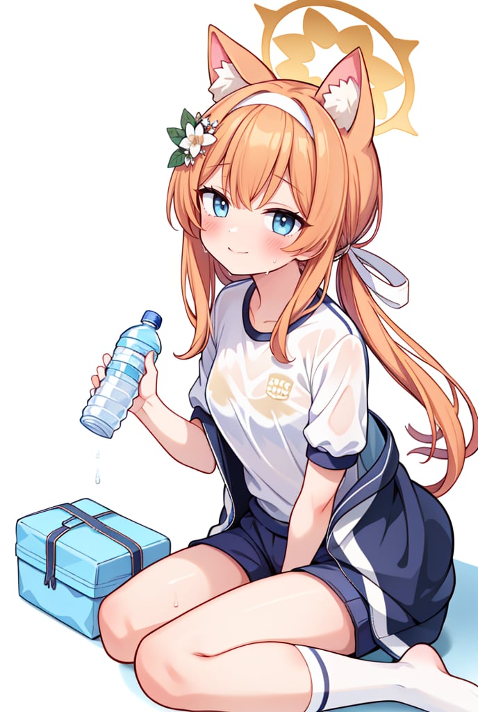 ((masterpiece,best quality)),((white background)),mariTrack, 1girl, mari (blue archive), solo, animal ears, halo, bottle, flower, official alternate costume, hair ornament, hair flower, orange hair, long hair, jacket, gym uniform, water bottle, looking at viewer, blue eyes, hairband, blush, sitting, animal ear fluff, white hairband, holding, sweat, holding bottle, locker, shirt, bangs, white shirt, track jacket, socks, short sleeves, white socks, shorts, buruma,smile, blush, lean forward, (see through), sweat,
