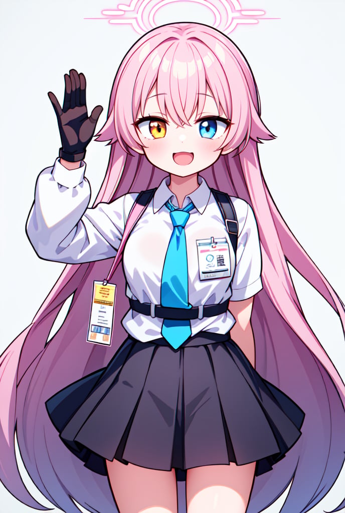 1girl, hoshino, halo, shirt, necktie, skirt, fingerless gloves, id card,(waving:1.1), :3, :d, close-up, white background,  amber-half-eye, blue-half-eye, pink hair, heavy-lidded eyes