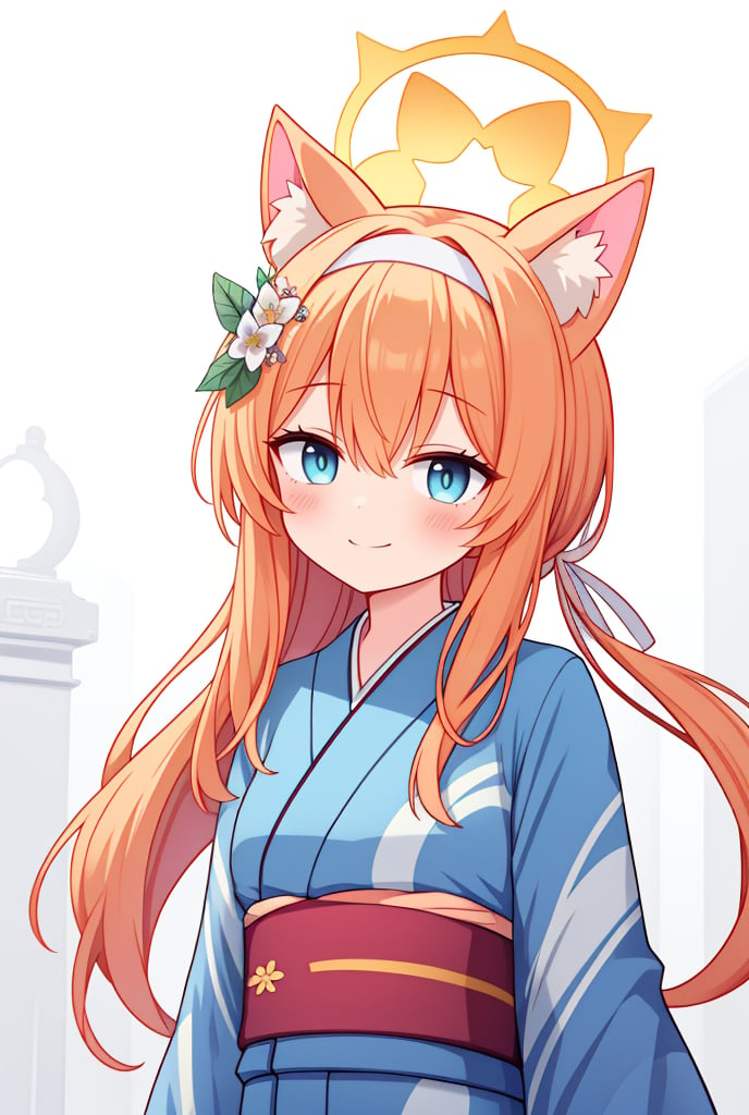 best quality, masterpiece, highres, solo, {yukata:1.40}, {kimono:1.20}, {mari_bluearchive:1.15}, long_hair, orange_hair, flower, blue_eyes, halo, bangs, blush, animal_ears, hair_ornament, animal_ear_fluff, hair_flower, smile, hairband, white_hairband, hair_between_eyes