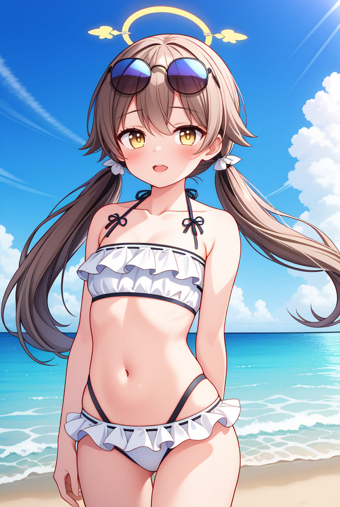 Hifumi(Swimsuit), sky, beach, swimsuit, looking at viewer, frilled bikini, day, bikini, cloud, outdoors, blue sky, twintails, long hair, light brown hair, eyewear on head, collarbone, solo, cowboy shot, frills, arms behind back, low twintails, ocean, sunglasses, white bikini, navel, yellow eyes, 1girl, halo