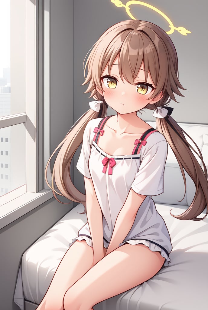 1girl, solo, (masterpiece, best quality), indoors, bedroom, blush, thighs, hifumi, yellow eyes, light brown hair, bangs, long hair, low twintails, tied, hair ribbon, halo, standing, sleepwear, arms between legs, small breasts, expressionless, sitting