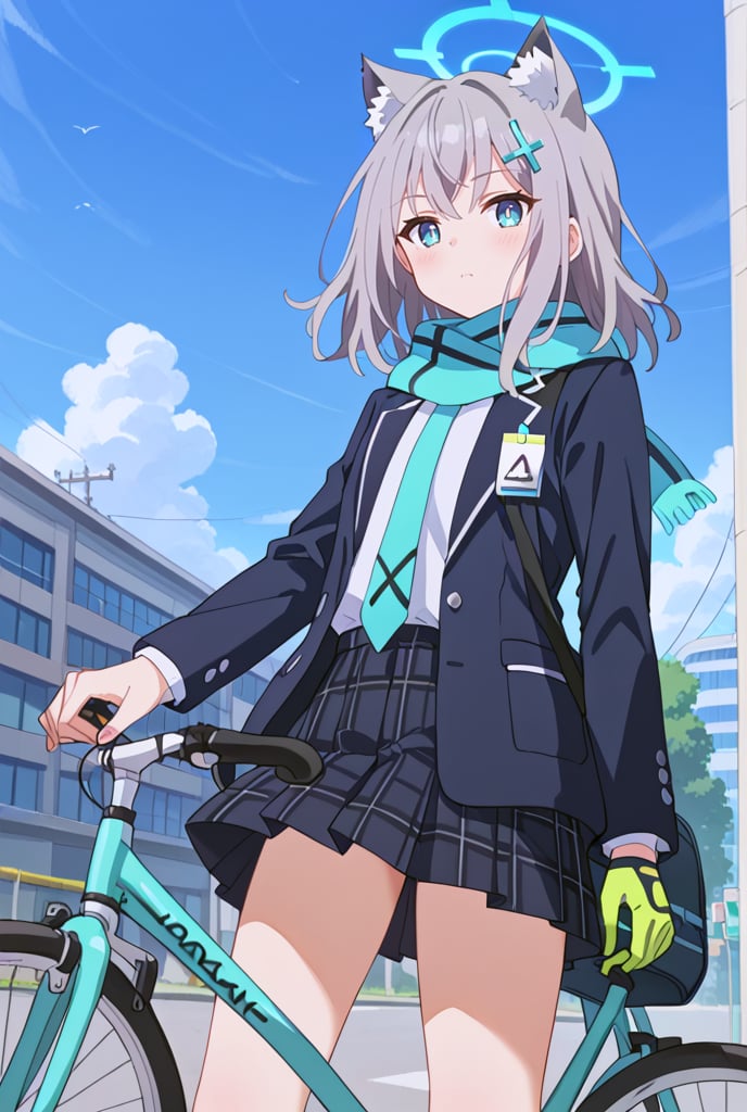 shiroko_\(blue_archive\),1girl, bicycle, solo, green_gloves, outdoors, white_shirt, looking_at_viewer, ground_vehicle, animal_ear_fluff, plaid_skirt, school_uniform, halo, open_jacket, school_bag, blue_jacket, long_sleeves, pleated_skirt, shoulder_bag, blue_necktie, closed_mouth, blue_scarf, mismatched_pupils, cowboy_shot, day, sky, blazer, standing, cross_hair_ornament, blush. gorgeous,key visual, vibrant, studio anime,award-winning, professional, highly detailed,high budget, cinemascope, low angle
