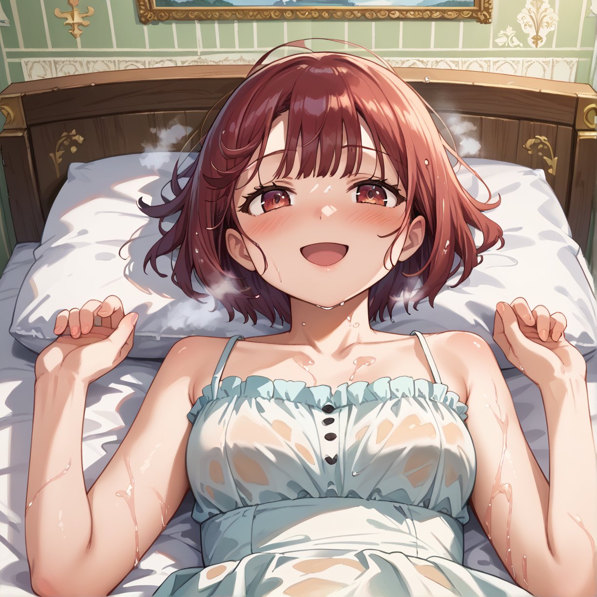 score_9, 1girl, sophieatelier, ((masterpiece, best quality)), (hyper detailed, detailed background), expressive eyes, perfect face, sundress, bed room, lying bed, short hair, blush, happy, view from down, wet, upper body, steam