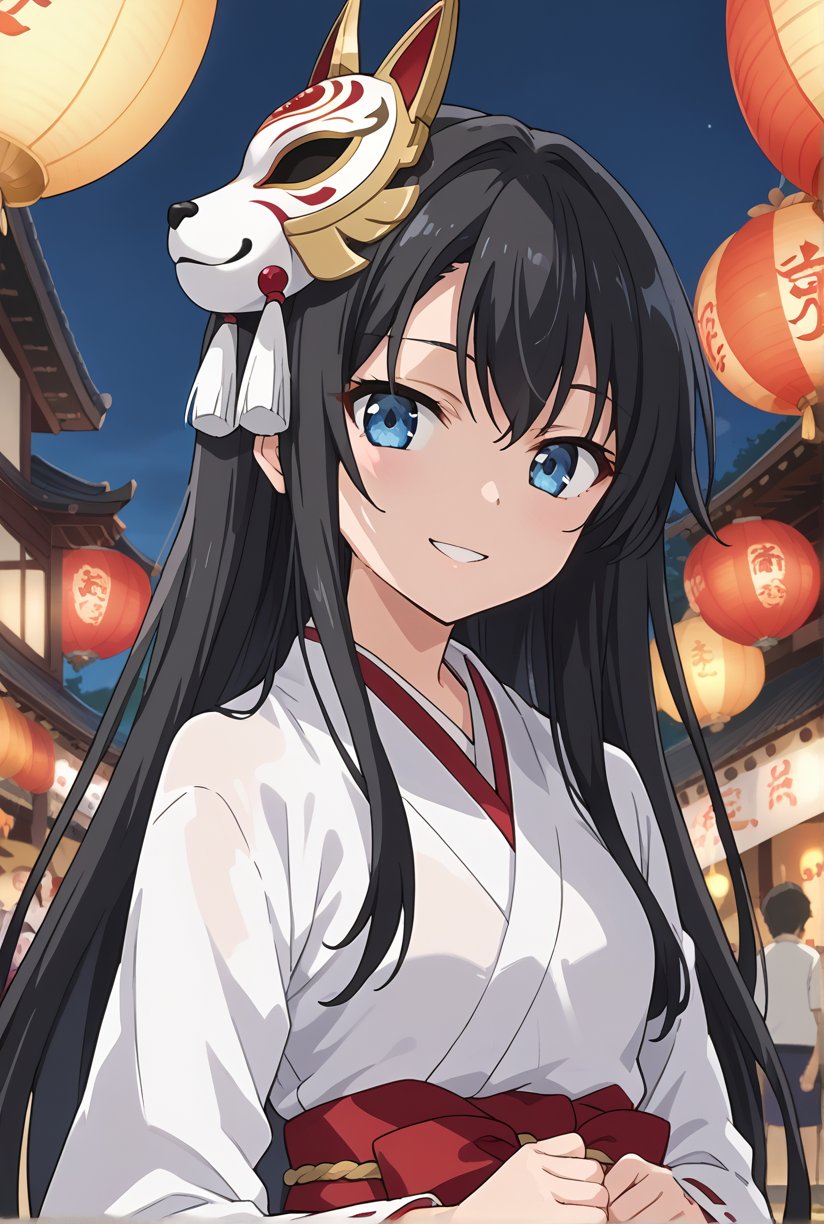 score_9, source_anime, anime screencap, anime coloring, BREAK1girl, solo, shiyukino, long hair, black hair, blue eyes, traditional miko attire, wearing a festival mask on her head, standing at a festival stall, glowing lanterns in the background, a slight smile on her face, holding a festival snack in one hand, beautiful_female_fingers, white haori and red hakama, serene festival atmosphere, (close up face:1.4)
