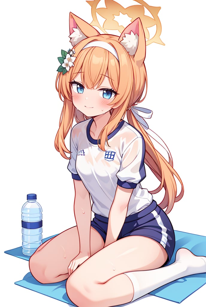 ((masterpiece,best quality)),((white background)),mariTrack, 1girl, mari (blue archive), solo, animal ears, halo, bottle, flower, official alternate costume, hair ornament, hair flower, orange hair, long hair, jacket, gym uniform, water bottle, looking at viewer, blue eyes, hairband, blush, sitting, animal ear fluff, white hairband, holding, sweat, holding bottle, locker, shirt, bangs, white shirt, track jacket, socks, short sleeves, white socks, shorts, buruma,smile, blush, lean forward, (see through), sweat,
