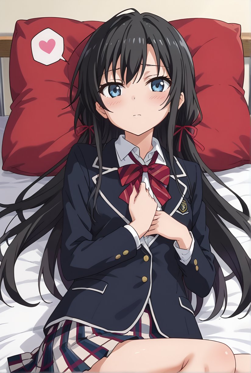 score_9, source_anime, anime screencap, anime coloring, 1girl, solo, shiyukino, long hair, black hair, blue eyes, ribbon, school uniform, hair ribbon, black jacket, plaid skirt, blazer, sobu high school uniform, (lying bed:1.4), hand resting on chest, legs slightly bent, blush, shy expression, teddy bear, relaxed atmosphere.,beautiful_female_fingers, spoken heart,