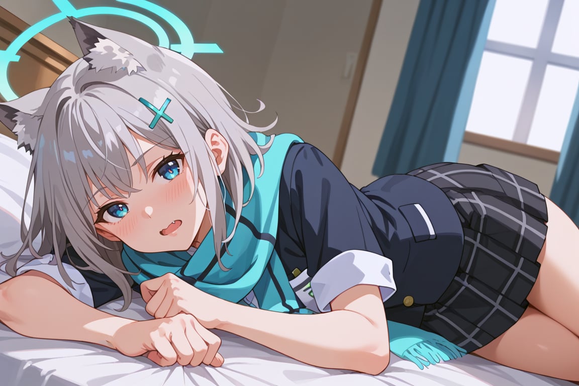 score_9, score_8_up, score_7_up, source_anime, shiroko sunaookami, animal ears, blue eyes, grey hair, hair ornament, hairpin, halo, medium hair, wolf ears,, checkered clothes, checkered skirt, school uniform, skirt, scarf,, indoors, bed, bed room, on side, blush, drunk, looking at viewer, solo, cowboy shot, dutch angle,beautiful_female_fingers