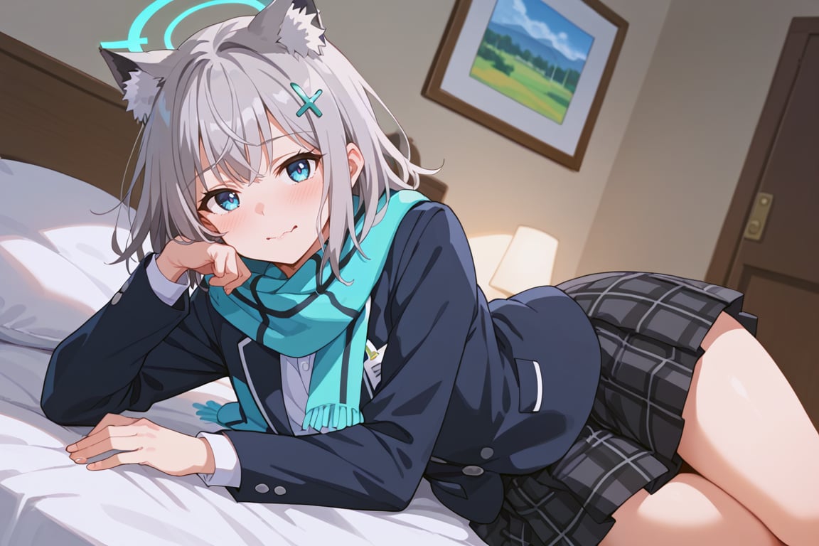 score_9, score_8_up, score_7_up, source_anime, shiroko sunaookami, animal ears, blue eyes, grey hair, hair ornament, hairpin, halo, medium hair, wolf ears,, checkered clothes, checkered skirt, school uniform, skirt, scarf,, indoors, bed, bed room, on side, blush, drunk, looking at viewer, solo, cowboy shot, dutch angle,beautiful_female_fingers