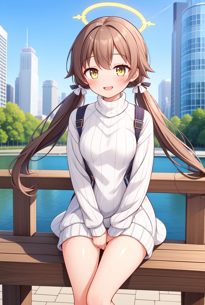 1girl, solo, (masterpiece, best quality), outdoors, city, blush, thighs, hifumi, yellow eyes, light brown hair, bangs, long hair, low twintails, tied, hair ribbon, halo, standing, small breasts, expressionless, ribbed swetaer, turtleneck, sweater dress, smile, sitting