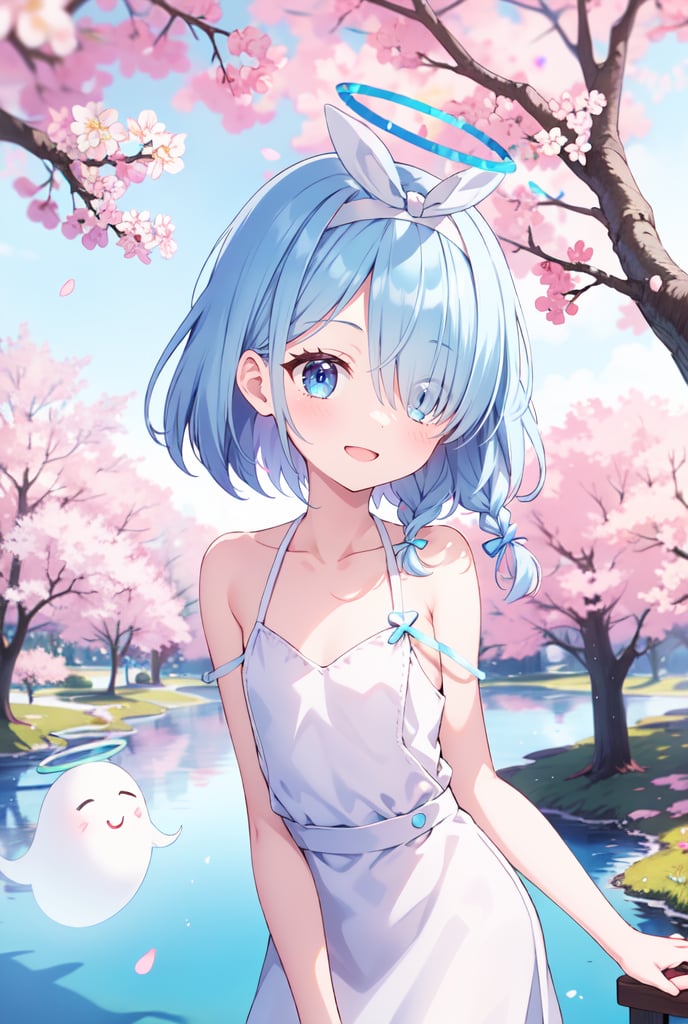 sfw, 1girl, Arona, (blue halo:1.2), blue eyes, blue hair, short hair, single braid, hair over one eye, flat chest, (white hairband:1.2), white hair bow, ghost white tunic, w arms, hillside covered in cherry blossom trees in bloom, midday lighting, idyllic and picturesque scenery, smile