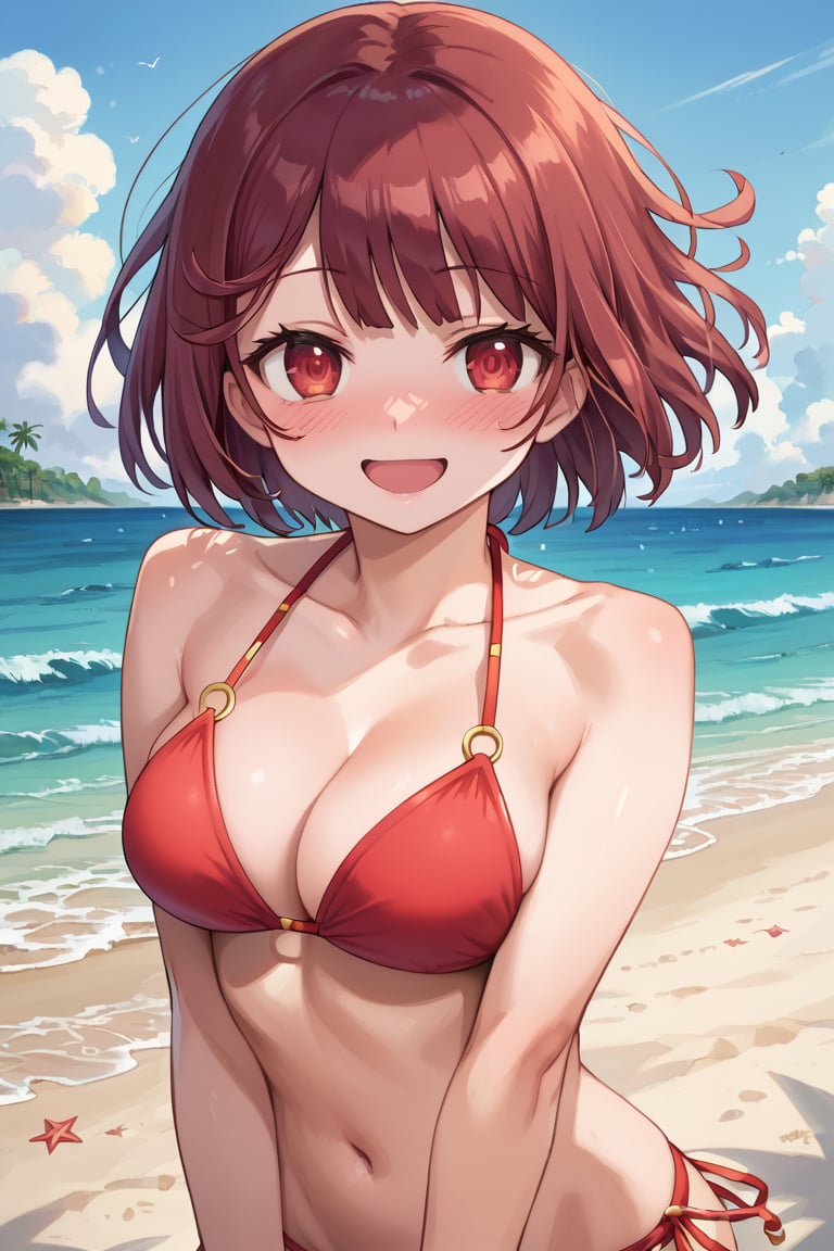 score_9, 1girl, sophieatelier, ((masterpiece, best quality)), (hyper detailed, detailed background), expressive eyes, perfect face, bikini, midriff, fit body, looking at viewer, happy, flush, blush, embarrassed, short hair, beach background